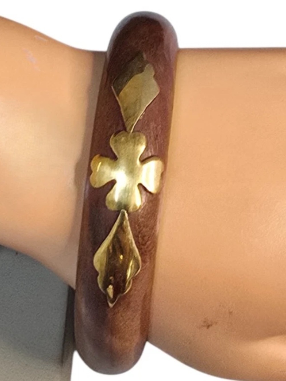 Wood Bangle Bracelet with Brass Accent - Brown & Gold